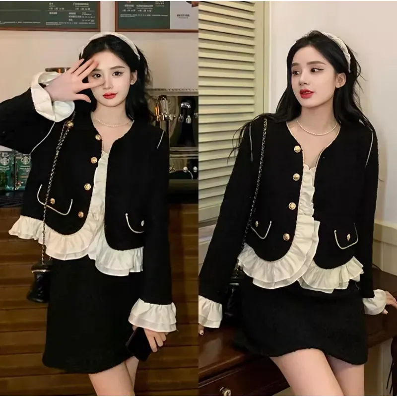 Áo khoác tweet dài tay có viền tơ - Phong cách sang chảnh Hàn Quốc (2 mảnh) 711518