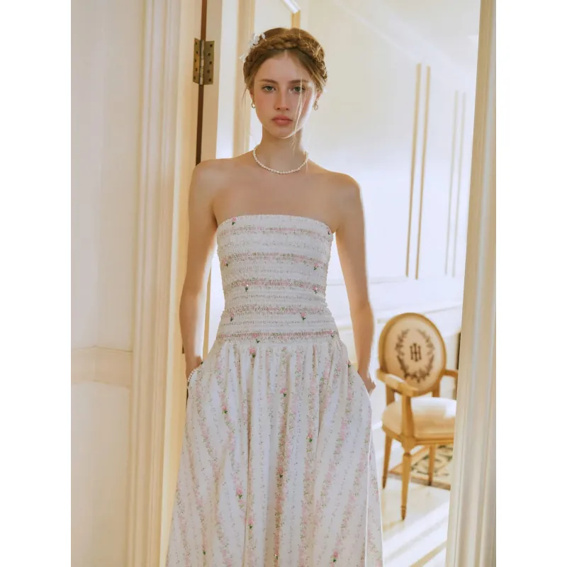 Váy nữ maxi dáng dài chất liệu linen nhẹ nhàng, màu trắng hoa văn 777188