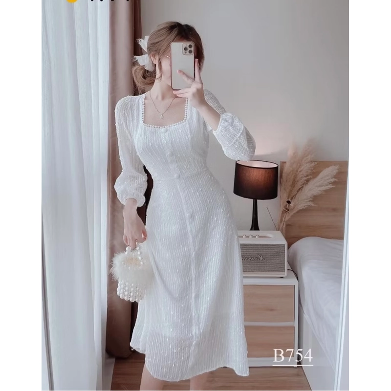 Đầm dự tiệc đầm trắng cổ vuông tay phồng dáng dài Lucas Dress 462311