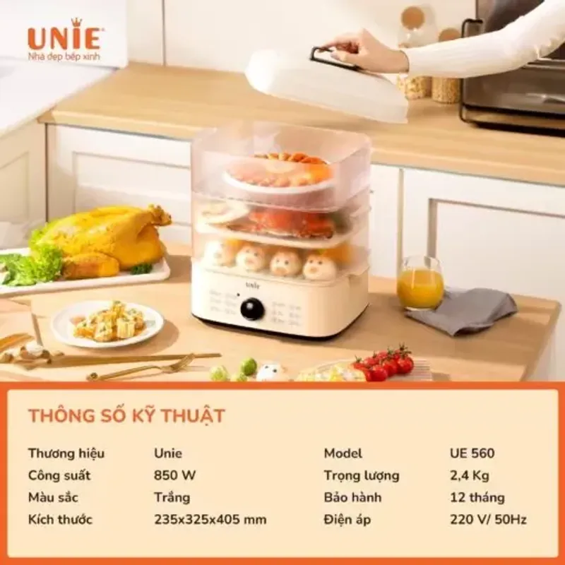 Nồi hấp UNIE UE560 dung tích lớn 18L, 3 tầng hấp, 12 tính năng tiện lợi 574520