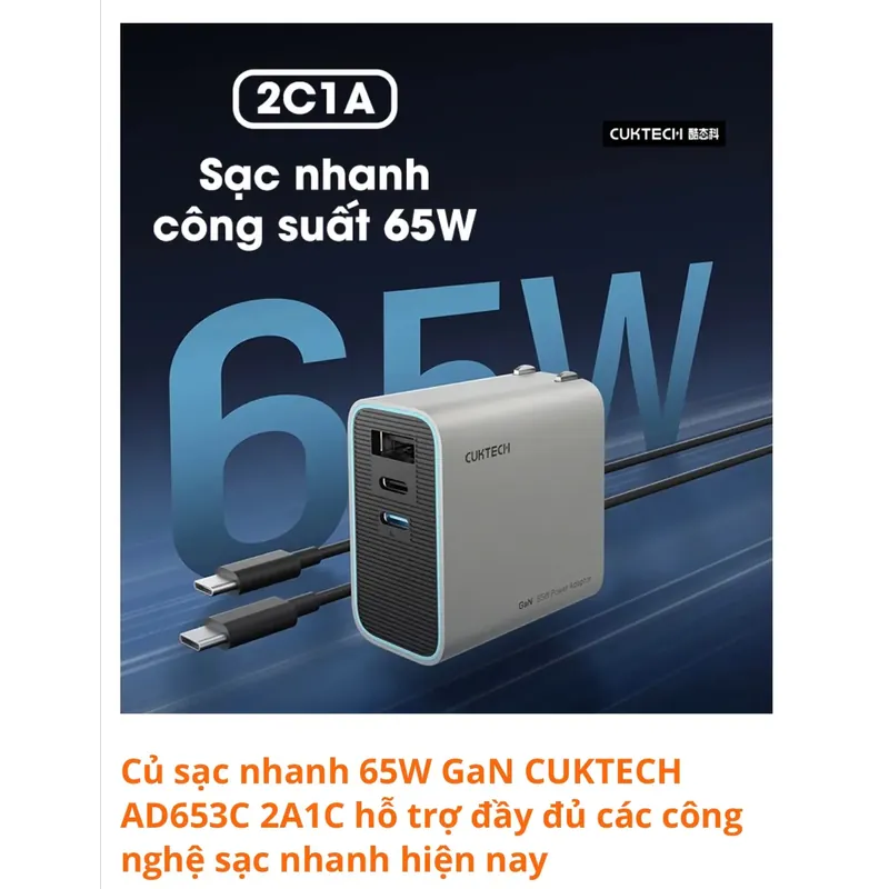 Củ sạc Cuktech 65w GaN 3 cổng out còn mới 732158