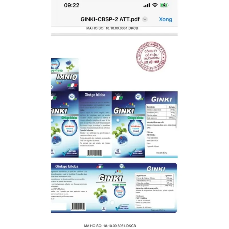 (Hàng CTY mới) Viên uống Ginki-Ginkgo Biloba & Nattokinase nhập khẩu Pháp hộp 60 viên 736048