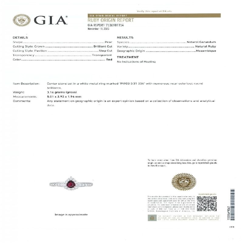 Nhẫn Ruby PT900 không nung 0.31CT xuất xứ Mozambique - Hàng hiệu Chính hãng 852938