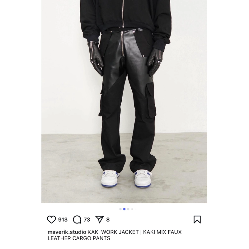 KAKI MIX FAUX LEATHER CARGO PANTS 506507
