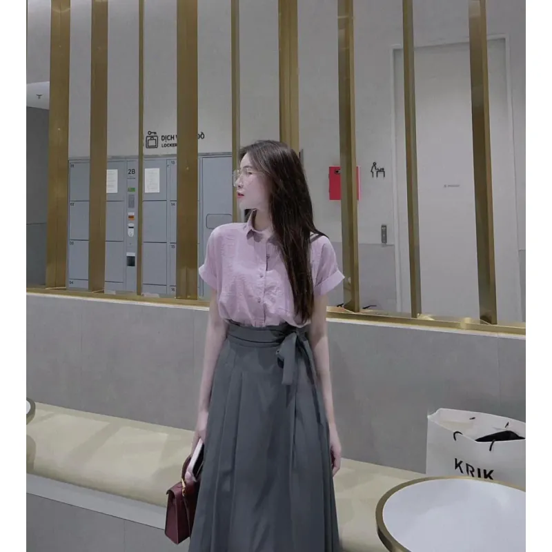 Trang phục nữ Blouse phối sơ mi tay ngắn phối quần dài xám 800195