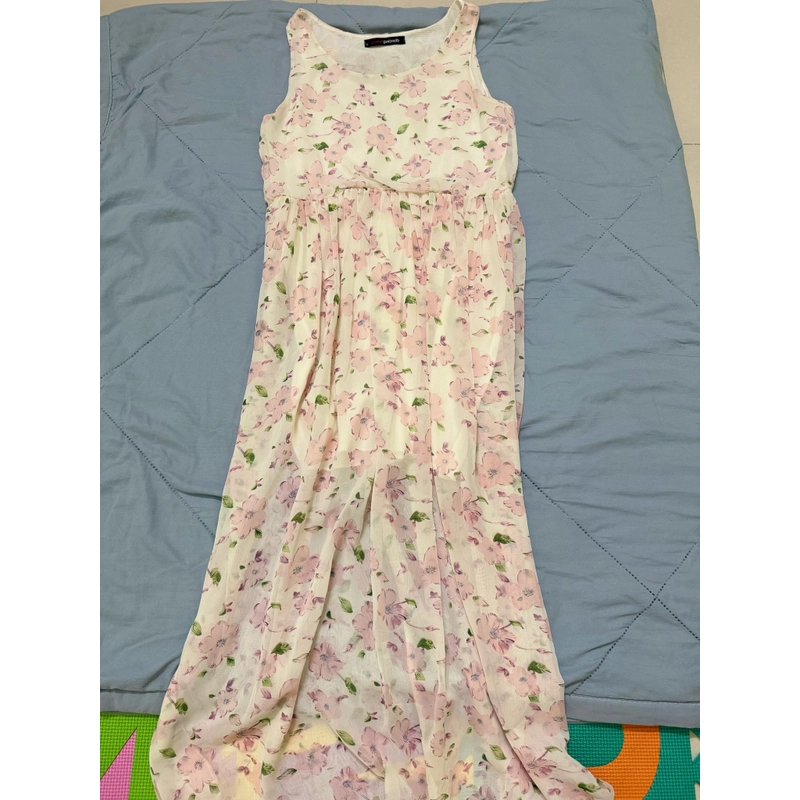 Đầm dài voan hoa hồng sát nách eo chun size M-L 463384