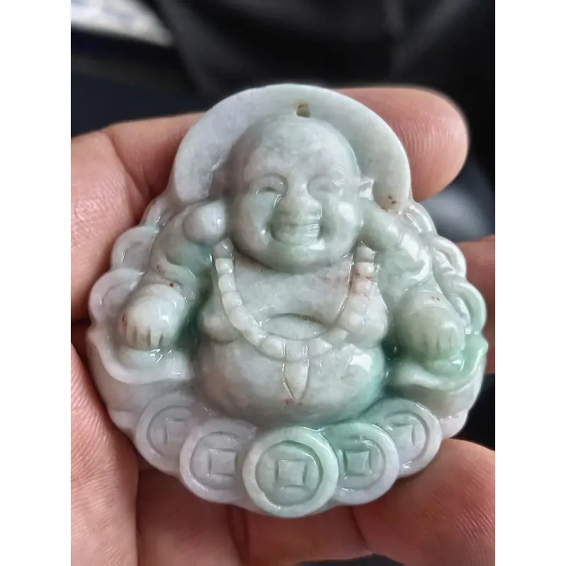 Tượng Phật Di Lặc bằng đá jade xanh 3D chạm khắc mỹ nghệ 928713