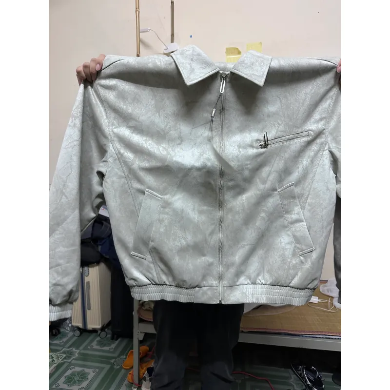 Áo khoác bomber nam nữ chất liệu giả da màu xám bạc size chuẩn 799434