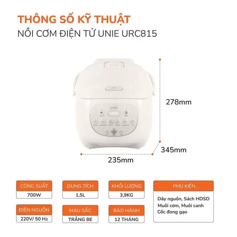 Nồi cơm điện lòng gốm UNIE URC815 – Giữ trọn hương vị, ăn cơm ngon mỗi ngày 573041