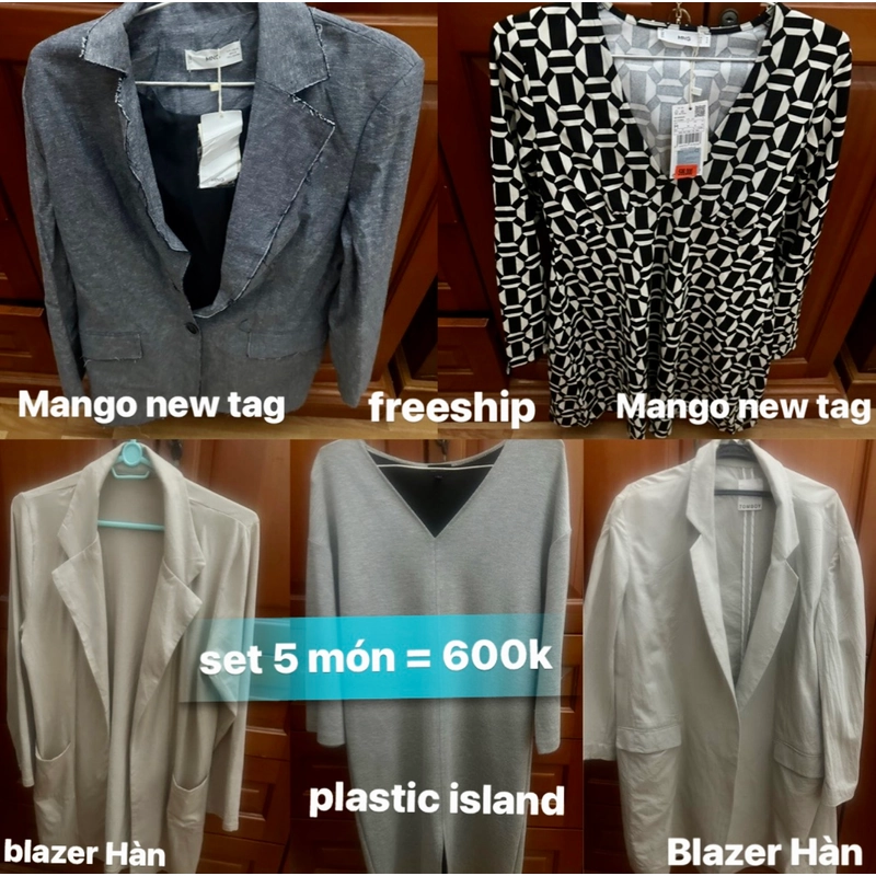 ❤️#600k : set 5 món ( váy Mango newtag + blazer Mango newtag  + váy Plastic island ) 381862