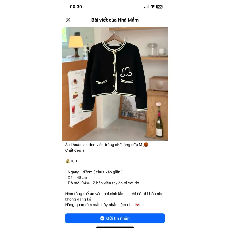 Áo khoác len đen viền trắng chừm cừu size L 734454