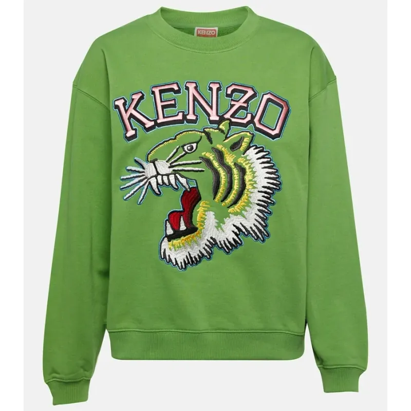 Áo nỉ Kenzo unisex thêu đầu hổ và chữ màu xanh lá 757828