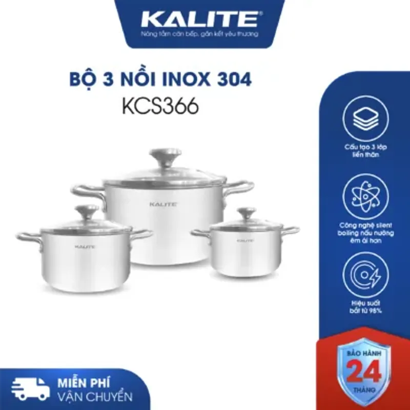 Bộ 3 nồi inox liền khối KALITE KCS366 – Bộ 3 size 18-20-24cm linh hoạt 706256