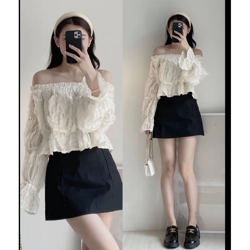 Áo hở vai màu kem freesize mới 71809
