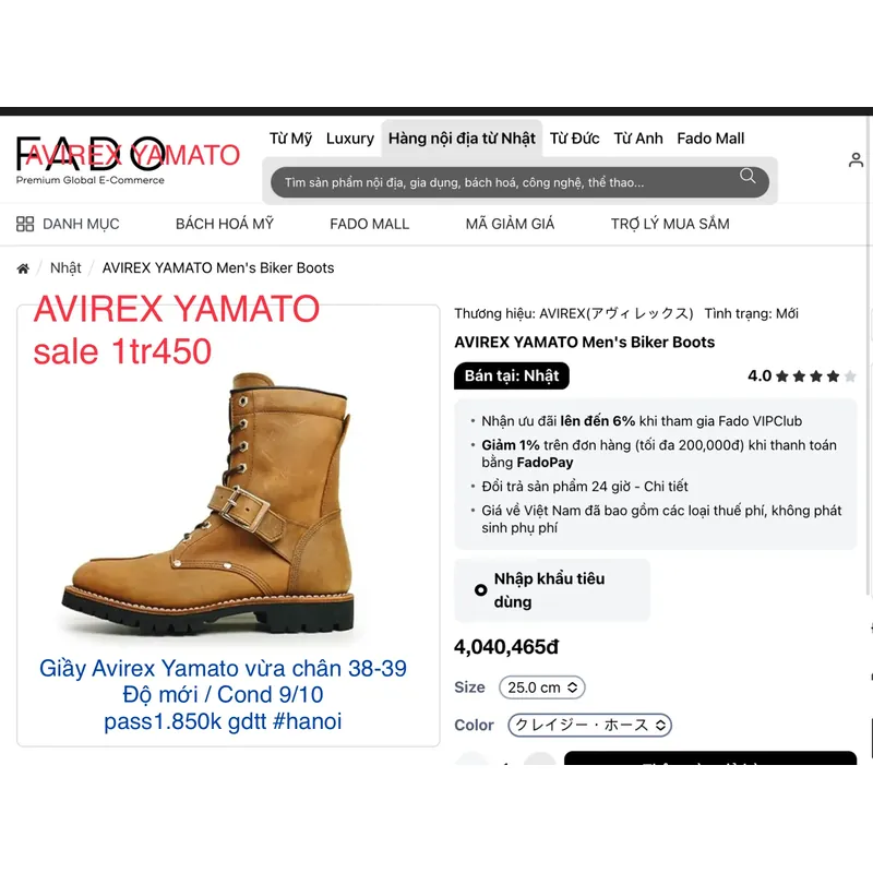 Giầy moto Japan Avirex Yamato vừa chân 38-39 638640