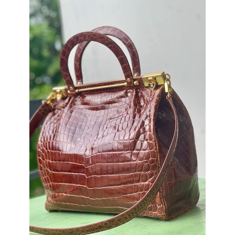 Kwanpen Túi xách nữ da cá sấu cao cấp màu nâu đỏ hàng hiệu 974438