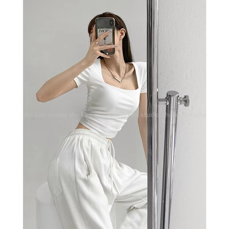 THEKIM Áo thun croptop tay ngắn , áo cổ vuông cho nữ may hai lớp vải 497366