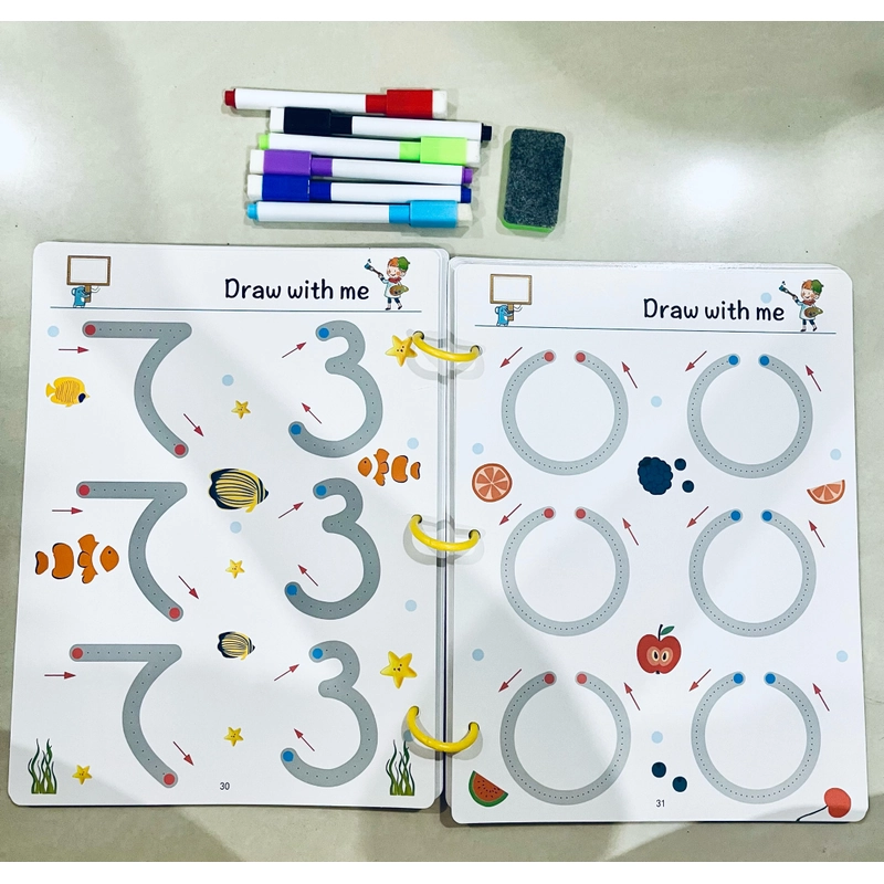 Đồ chơi giáo dục cho bé - Chính hãng Puzzle stroke line Viết vẽ xoá được + 6 bút lông 451309