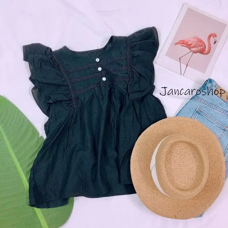 Áo babydoll xoè xinh xắn đen vải Kate 605083