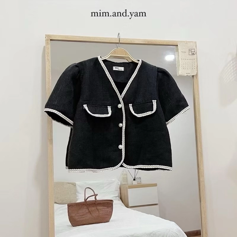Áo khoác croptop ngắn tay cổ V viền trắng cúc tròn, áo khoác 2 lớp có độn vai 443017