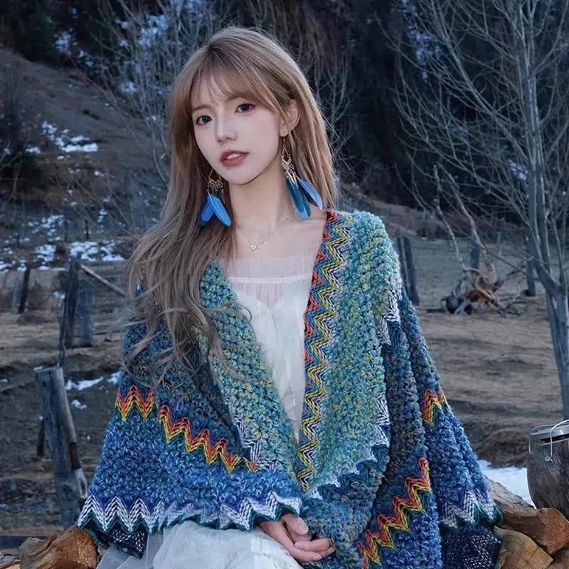 Khăn Áo Choàng Len Boho Thổ Cẩm Nữ Khoác Ngoài - Hàng Loại 1 Chất Len Móc Dày Ấm 106*135cm 752863