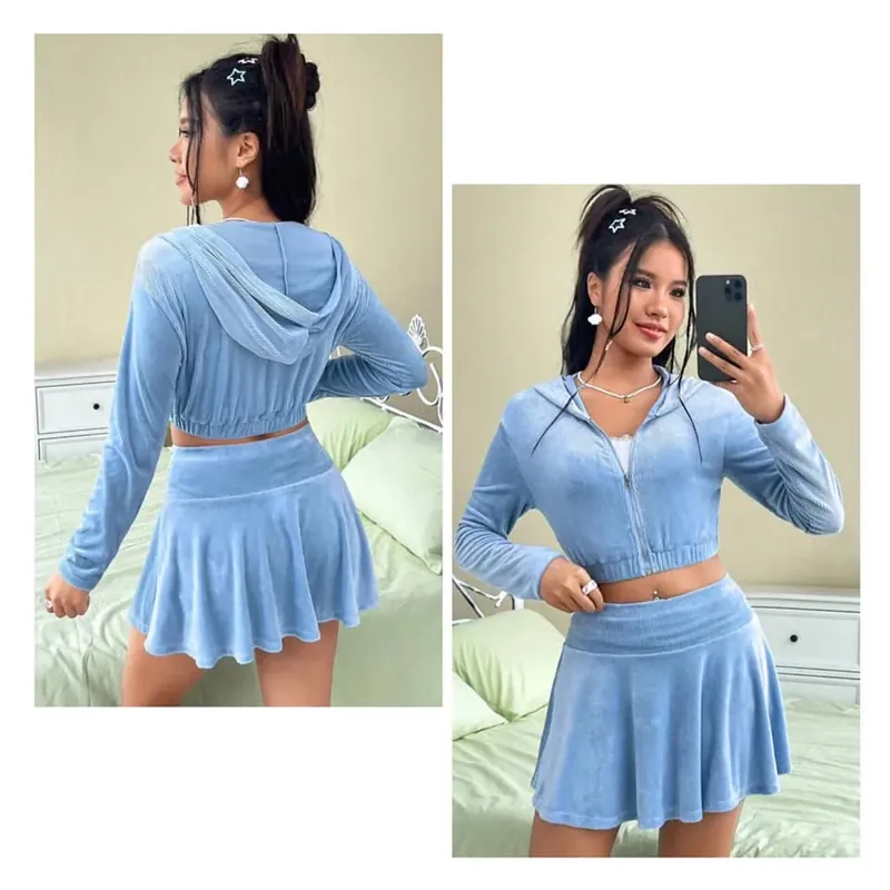 Set áo khoát& chân váy - size S và M - chất Nhung velvet dày dặn - màu Xanh  - mới 90%  701095