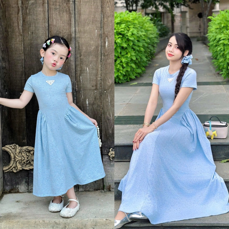 VÁY ĐÔI / COUPLE MẸ VÀ BÉ GÁI váy đầm maxi thun cột nơ phía sau kèm chun cột tóc 474127