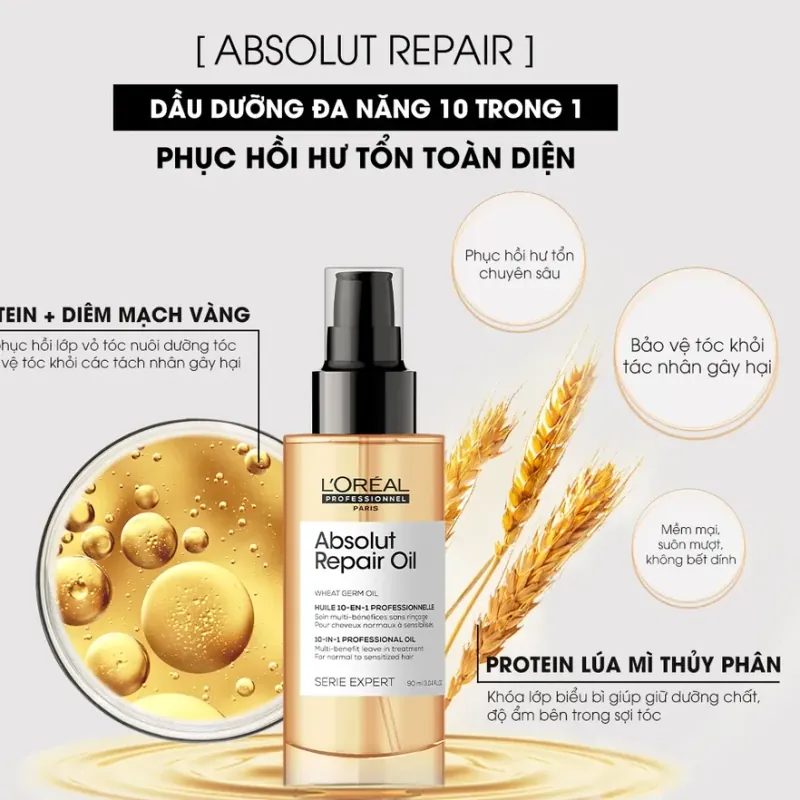 TINH DẦU 10 TRONG 1 L'OREAL ABSOLUT REPAIR GOLD PHỤC HỒI TÓC TOÀN DIỆN 90ML 594767
