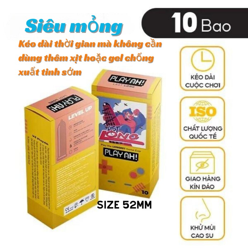 Bao Cao Su PlayAh Last Long Siêu Mỏng Kéo Dài Thời Gian Quan Hệ Hộp 10 size 52mm 170393