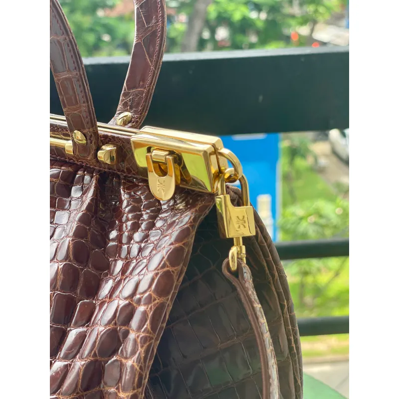 Kwanpen Túi xách nữ da cá sấu cao cấp màu nâu đỏ hàng hiệu 974438