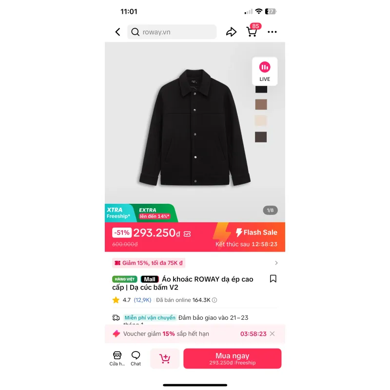 Áo khoác nam Roway dáp cao cấp vải dày màu đen 784849