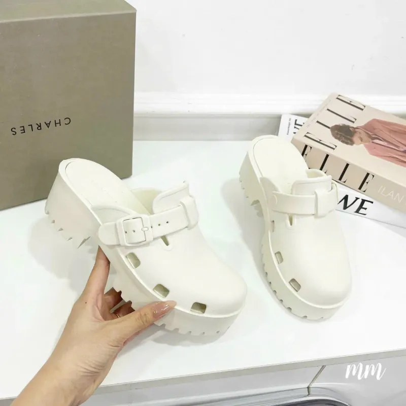 Dép lê nữ quai ngang màu trắng đục cao su dày đế bục 1024433