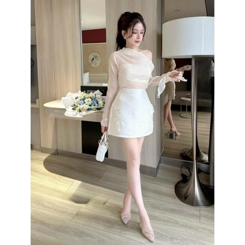 Set trễ vai xốp nhăn mix chân váy hồ điệp 509682
