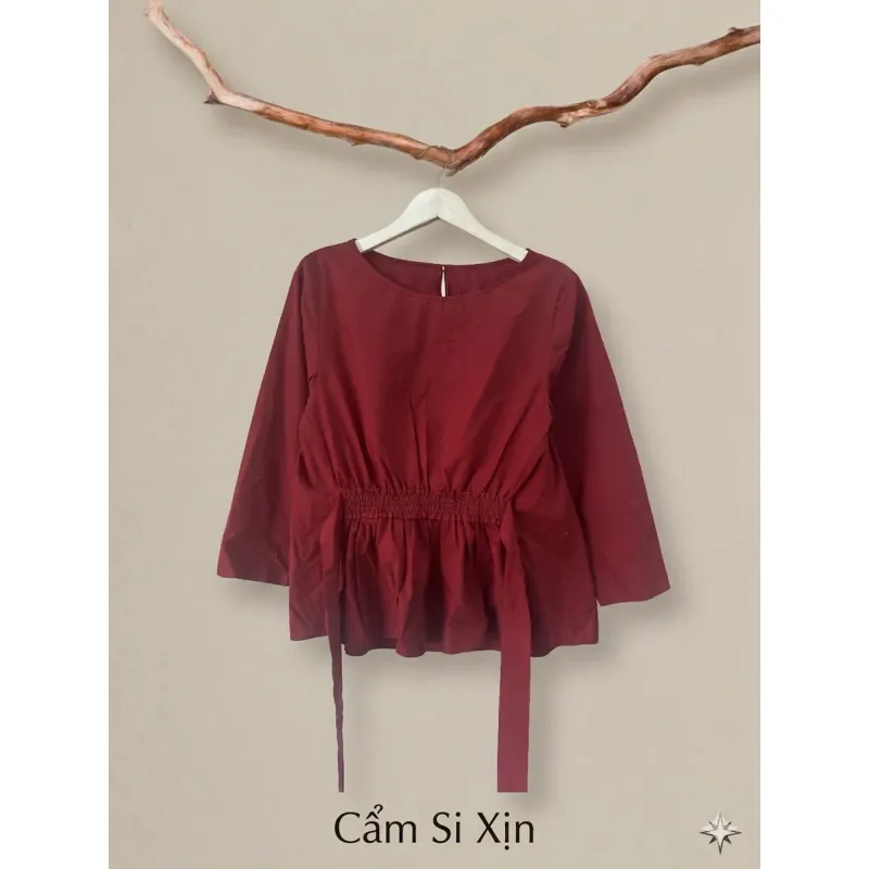 Áo nữ thắt eo màu đỏ rượu cổ tròn dài tay phong cách casual 1023393