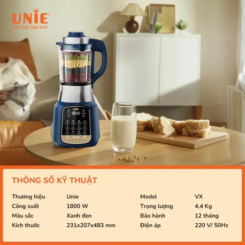 Máy làm sữa hạt UNIE VX dung tích 1.75L, 14 chức năng nấu, chống trào tối đa, xay mịn mượt 598908