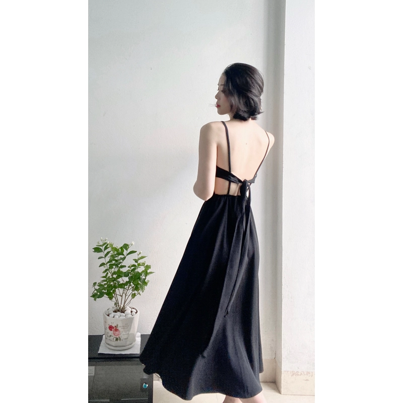 Váy 2 dây hở lưng freesize màu đen độ mới cao, lưng chun cực đẹp 498040