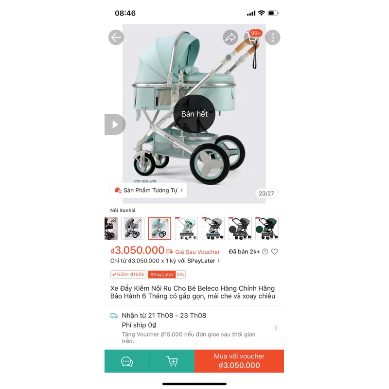Xe đẩy kiêm nôi ru cho bé Belecoo chính hãng có gấp gọn, mái che và xoay chiều 536630
