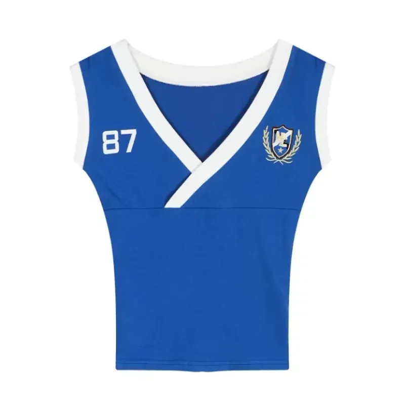 Mỹ Retro Thể Thao Cổ Chữ V Thêu 786442