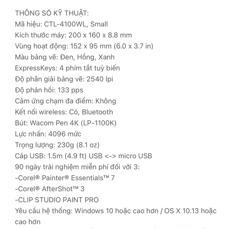 Bảng Vẽ Điện Tử Wacom Intuos S Bluetooth CTL-4100WL 760471