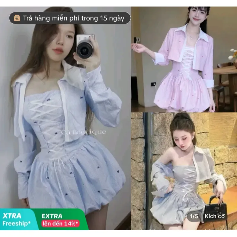 Set 3 món váy bí áo way kèm mút và có áo khoác ngoài new 90% size L  785349