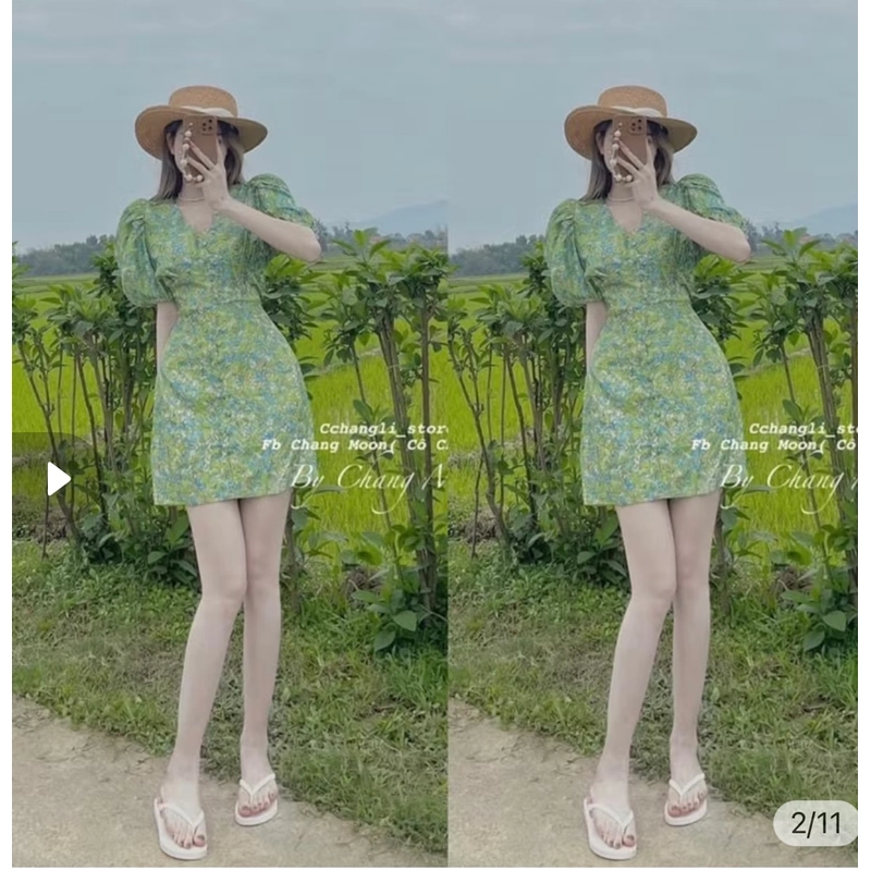 Váy hoa xanh cổ V tay bồng cúc bọc siêu xinh (kèm ảnh thật) 462456