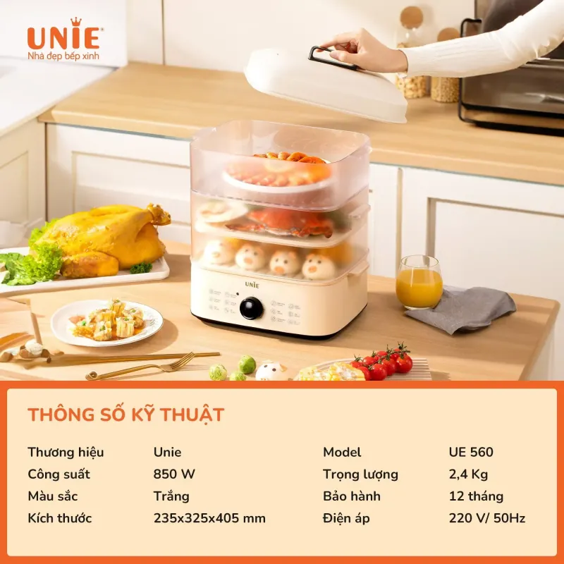 Nồi hấp UNIE UE560 dung tích lớn 18L, 3 tầng hấp, 12 tính năng tiện lợi 599160