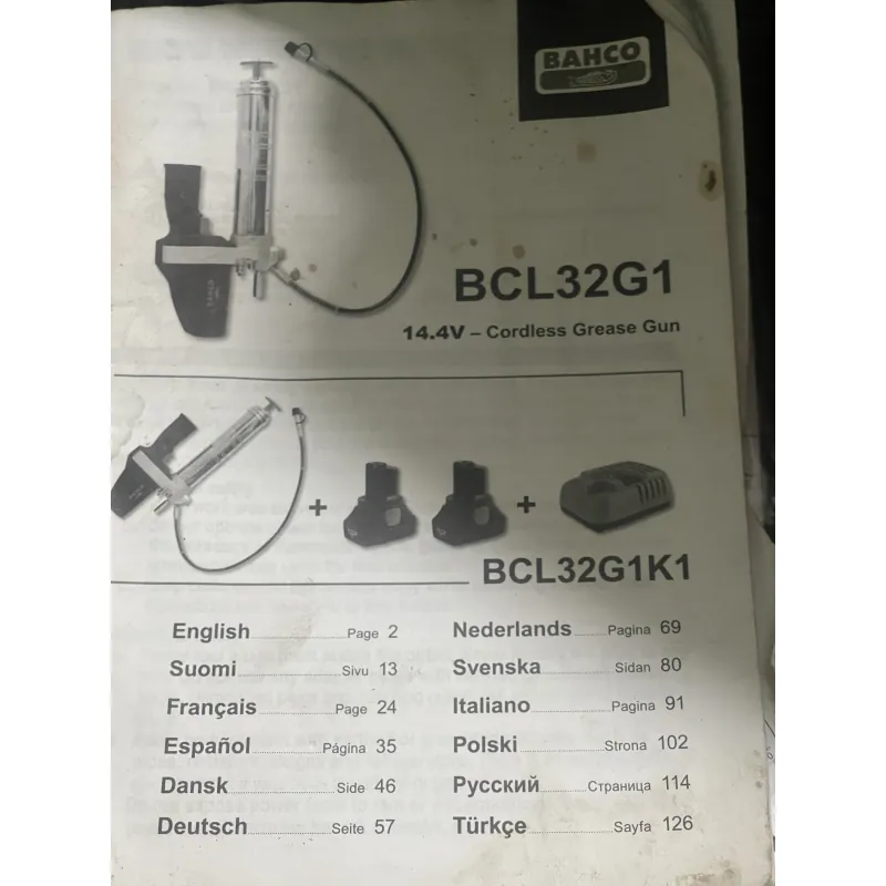 (HÀNG TRƯNG BÀY)MÁY BƠM MỠ KHÔNG DÂY BAHCO BCL32G1–14.4V VỚI DUNG TÍCH BÌNH CHỨA GR-400 760688