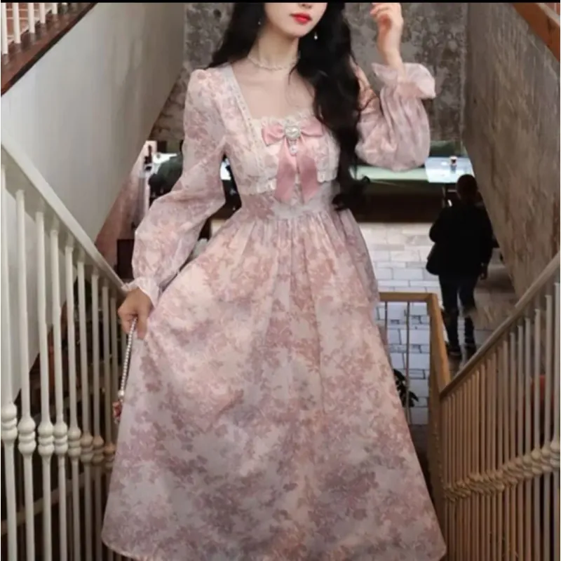 Đầm váy dài nữ tiểu thư phối nơ hồng 624014