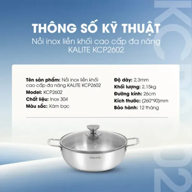 Nồi inox liền khối cao cấp đa năng KALITE KCP2602 – Size 26cm, hiệu suất bắt từ 98% 572311