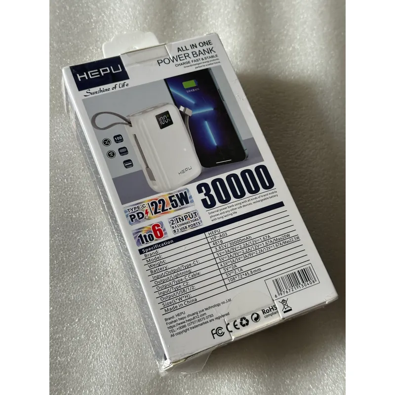 Pin dự phòng HEPU HP-A03 30000 mAh | Sạc siêu nhanh PD 22.5W | Cổng Type-C & Lightning 560659