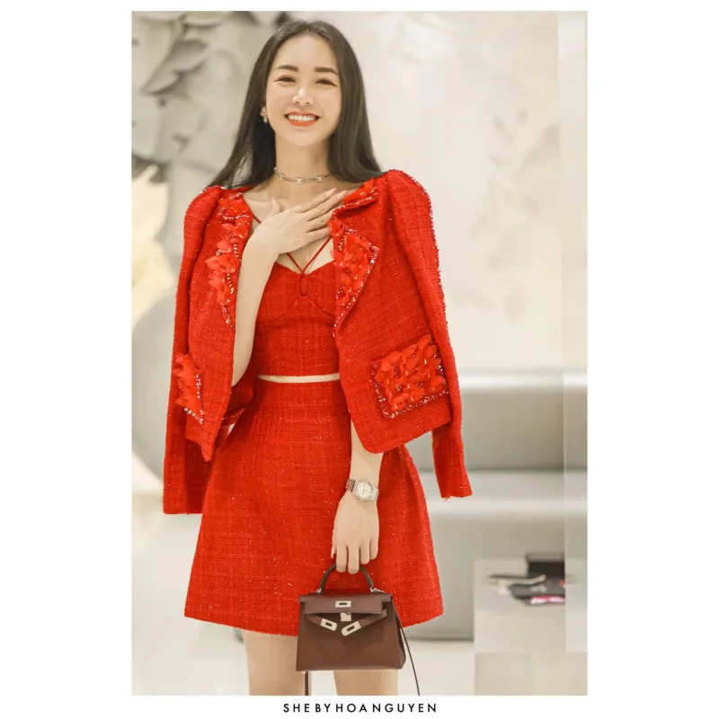 Set áo khoác dạ tweed & chân váy cover SHE BY HOA NGUYEN SIZE M (ko kèm áo quây trong) 748626