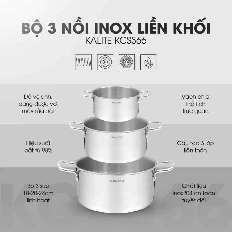 Bộ 3 nồi inox liền khối KALITE KCS366 – Bộ 3 size 18-20-24cm linh hoạt 692633