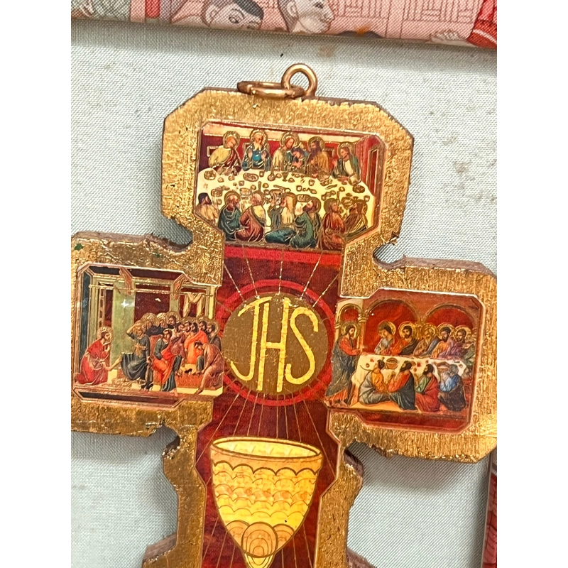 Chalice with JHS Host Gold Embossed Epoxy Icon Wood Cross Wall Crucifix, công giáo 501726