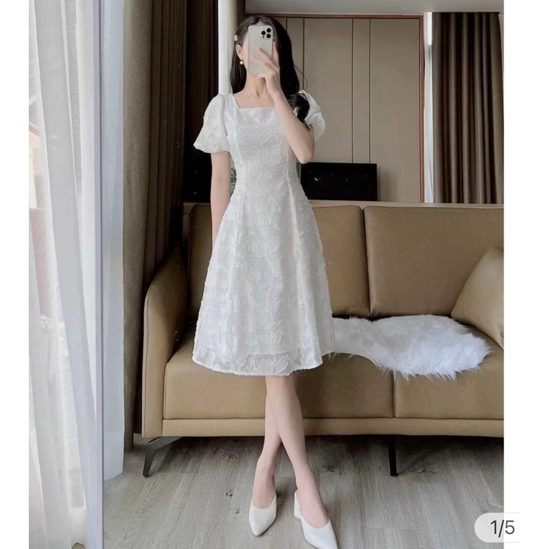 Đầm Dự Tiệc, Cổ Vuông Tay Phồng Họa Tiết Hoa Xinh Xắn 462314